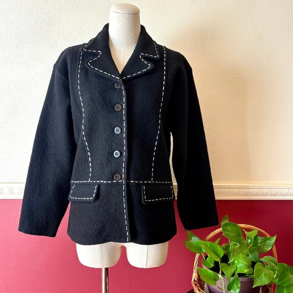 Lisa international Jackets & Blazers - Vintage Lisa International Black Boiled Wool Jacket M Contrast Stitch Monochrome
